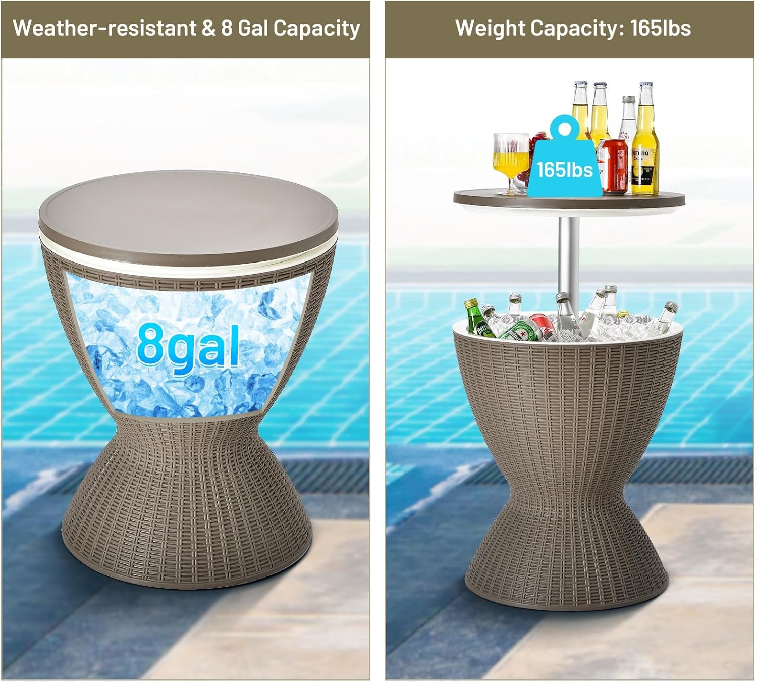 Outdoor Cool Bar Table, Rattan Style Patio 8 Gallon Beer and Wine Cooler, All-Weather Ice Bucket W/Height Adjustable Top, Drainage Plug, 3-In-1 Cocktail Coffee Table for Party, Pool (Coffee)