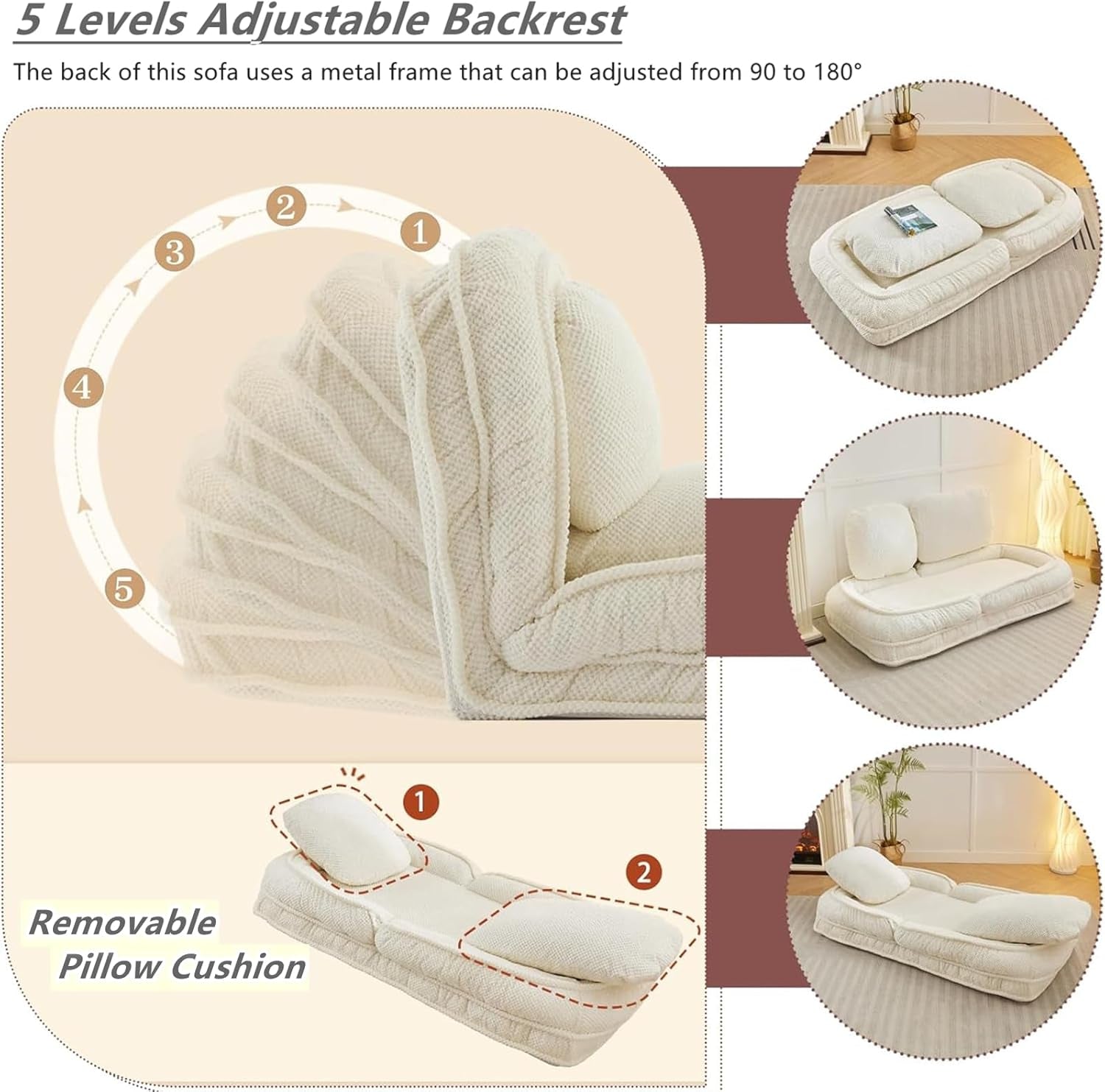 Foldable Lazy Sofa Bed, Polyester Upholstered Human Dog Bed for Adults and Pets, with 5 Adjustable Backrest Positions and 2 Soft Cushions for Living Room Bedroom, Beige | Breathable Materials