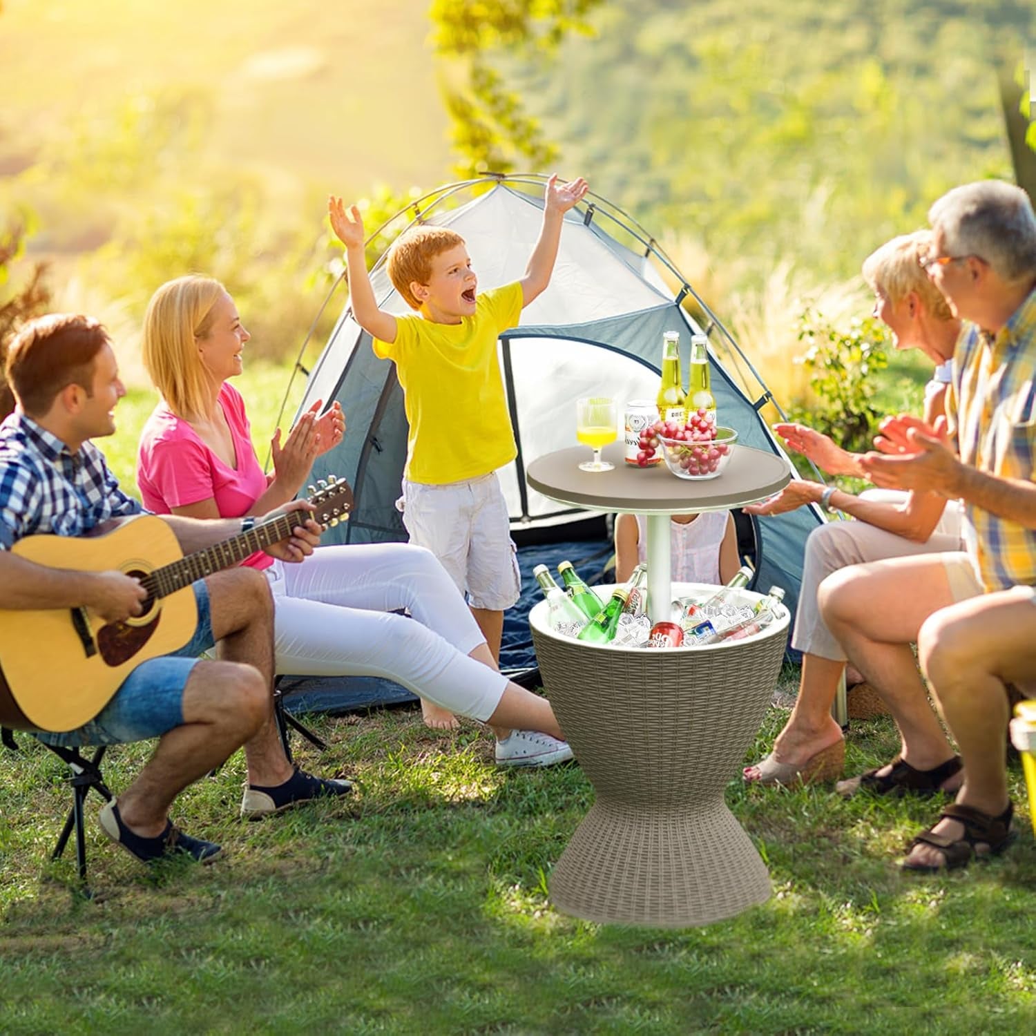 Outdoor Cool Bar Table, Rattan Style Patio 8 Gallon Beer and Wine Cooler, All-Weather Ice Bucket W/Height Adjustable Top, Drainage Plug, 3-In-1 Cocktail Coffee Table for Party, Pool (Coffee)