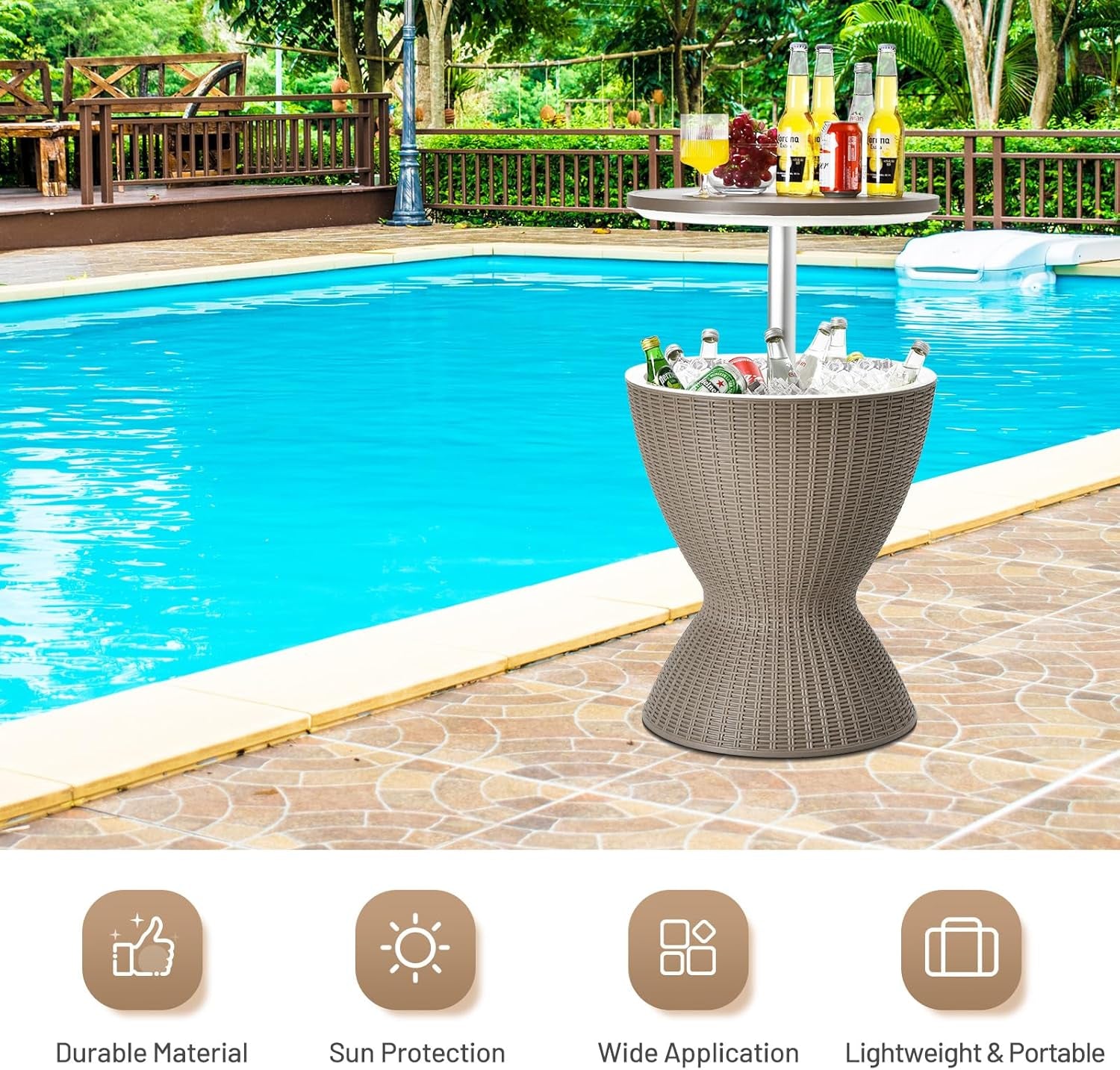 Outdoor Cool Bar Table, Rattan Style Patio 8 Gallon Beer and Wine Cooler, All-Weather Ice Bucket W/Height Adjustable Top, Drainage Plug, 3-In-1 Cocktail Coffee Table for Party, Pool (Coffee)