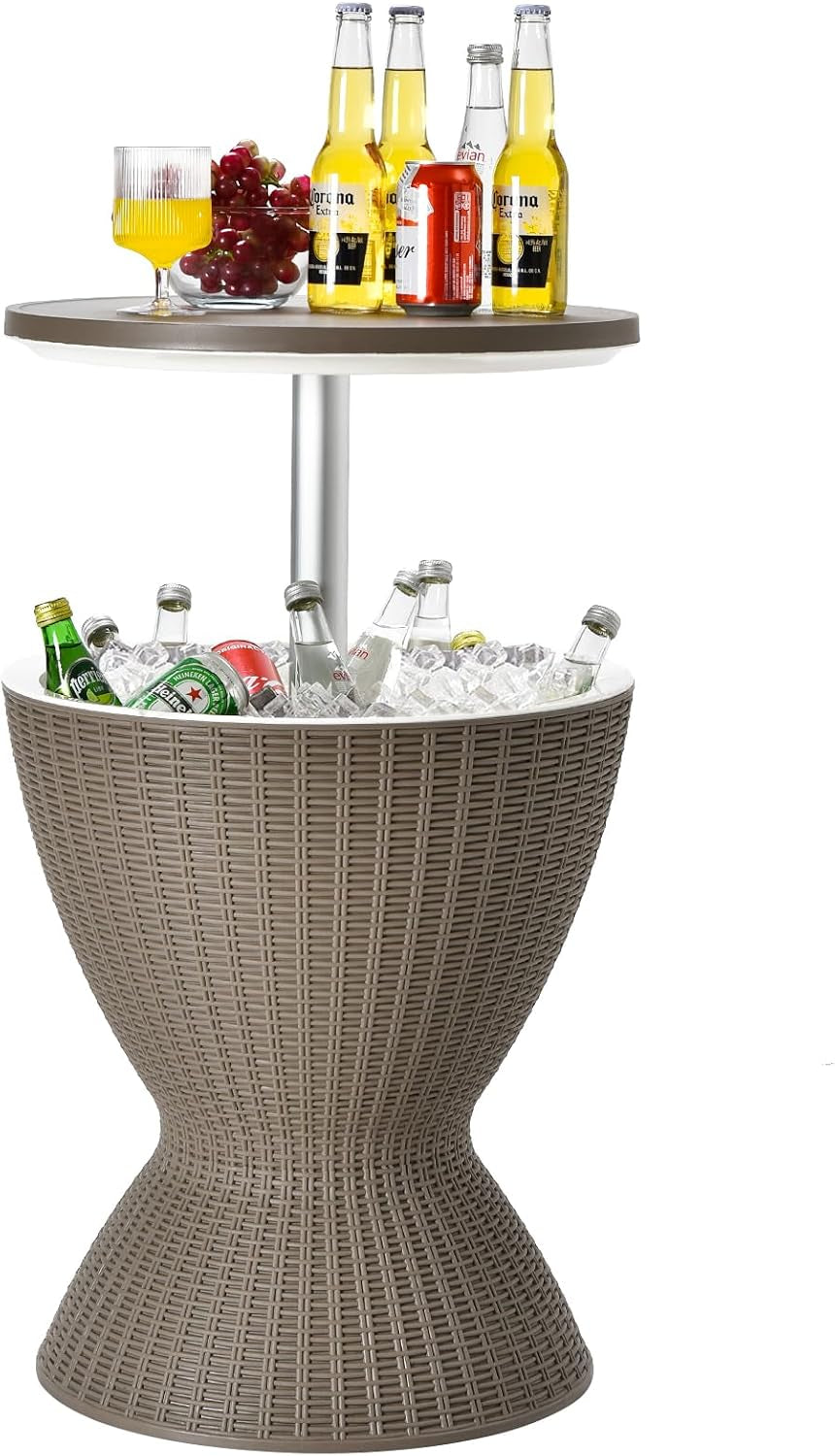 Outdoor Cool Bar Table, Rattan Style Patio 8 Gallon Beer and Wine Cooler, All-Weather Ice Bucket W/Height Adjustable Top, Drainage Plug, 3-In-1 Cocktail Coffee Table for Party, Pool (Coffee)