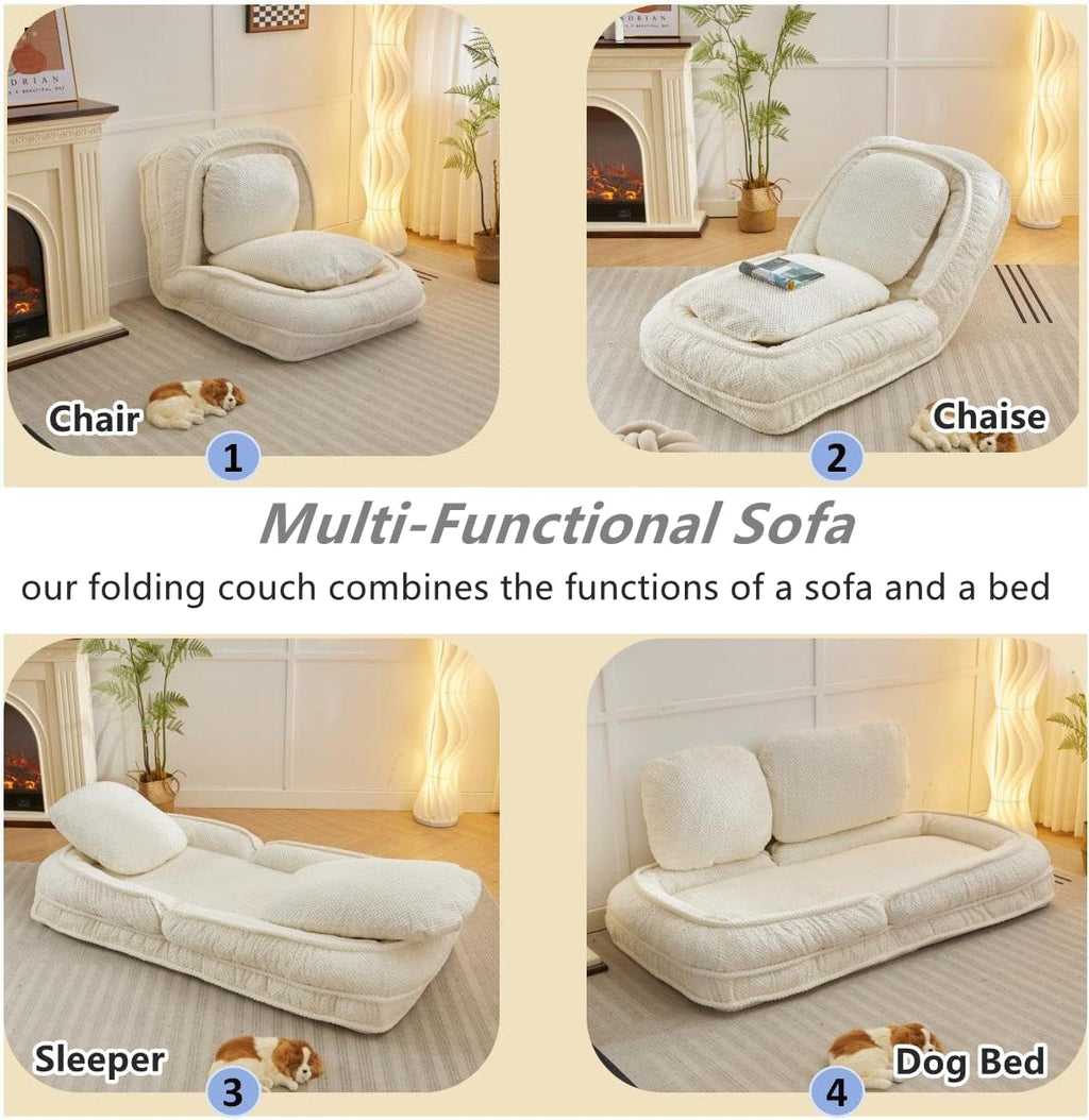 Foldable Lazy Sofa Bed, Polyester Upholstered Human Dog Bed for Adults and Pets, with 5 Adjustable Backrest Positions and 2 Soft Cushions for Living Room Bedroom, Beige | Breathable Materials