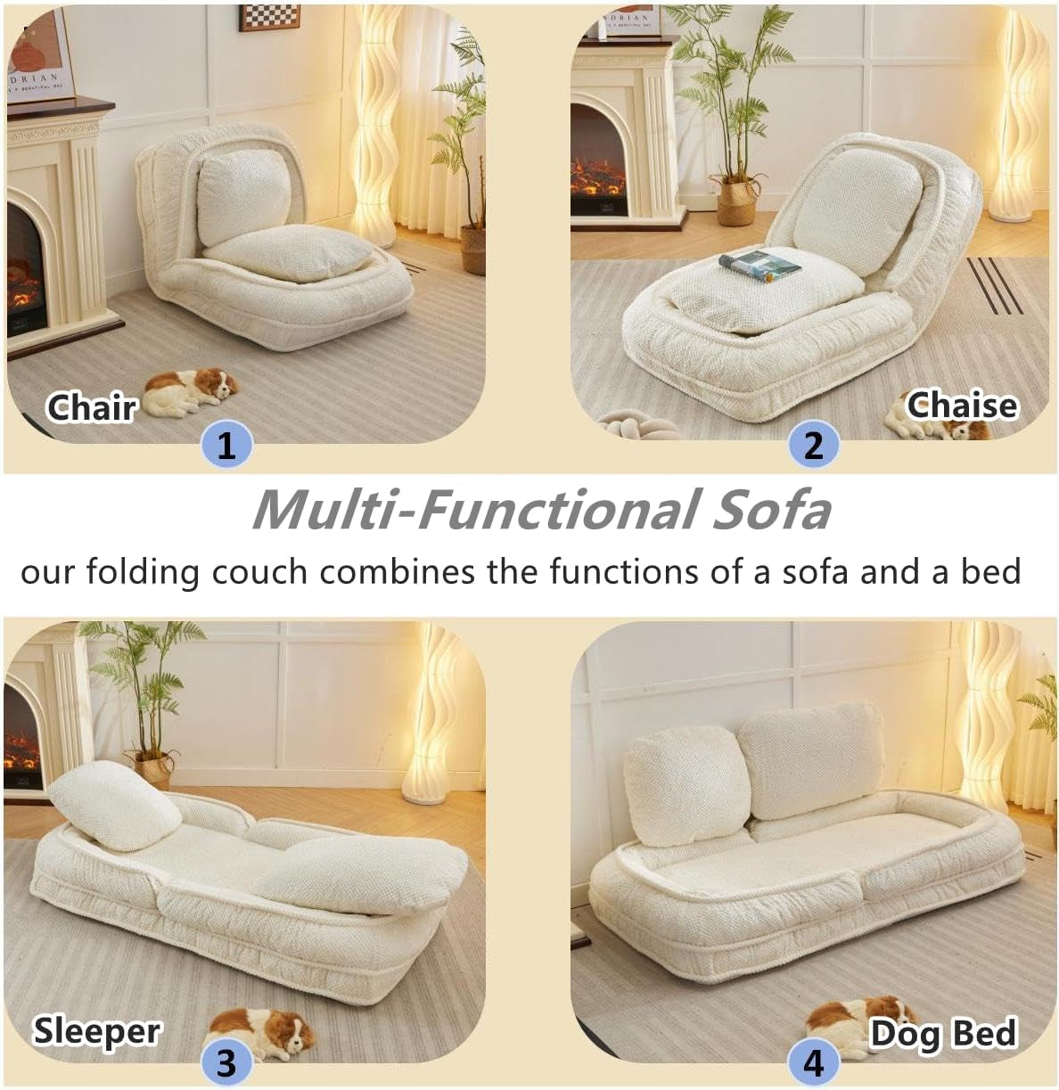 Foldable Lazy Sofa Bed, Polyester Upholstered Human Dog Bed for Adults and Pets, with 5 Adjustable Backrest Positions and 2 Soft Cushions for Living Room Bedroom, Beige | Breathable Materials
