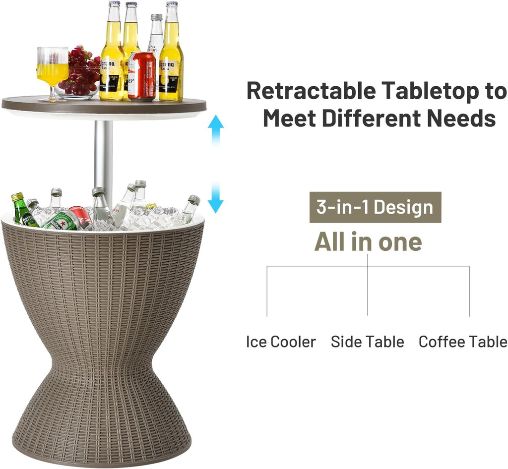 Outdoor Cool Bar Table, Rattan Style Patio 8 Gallon Beer and Wine Cooler, All-Weather Ice Bucket W/Height Adjustable Top, Drainage Plug, 3-In-1 Cocktail Coffee Table for Party, Pool (Coffee)