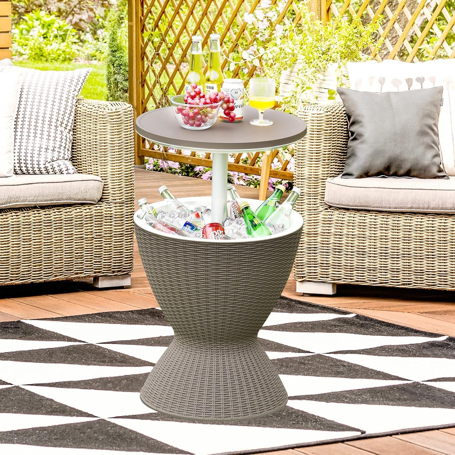Outdoor Cool Bar Table, Rattan Style Patio 8 Gallon Beer and Wine Cooler, All-Weather Ice Bucket W/Height Adjustable Top, Drainage Plug, 3-In-1 Cocktail Coffee Table for Party, Pool (Coffee)