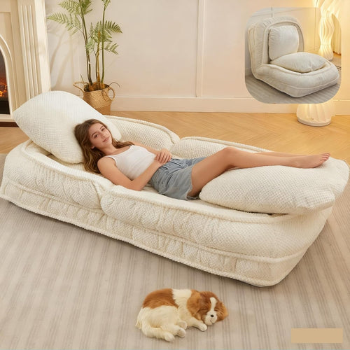 Foldable Lazy Sofa Bed, Polyester Upholstered Human Dog Bed for Adults and Pets, with 5 Adjustable Backrest Positions and 2 Soft Cushions for Living Room Bedroom, Beige | Breathable Materials