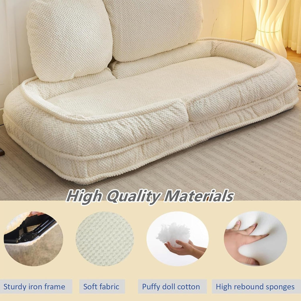 Foldable Lazy Sofa Bed, Polyester Upholstered Human Dog Bed for Adults and Pets, with 5 Adjustable Backrest Positions and 2 Soft Cushions for Living Room Bedroom, Beige | Breathable Materials